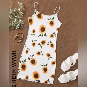 NWOT SHEIN WYWH Sunflower Print Lettuce Trim Bodycon Sheath Mini Dress Medium/6